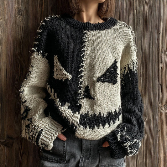 Women's Vintage Halloween Angry Pumpkin Face Patchwork Cozy Pullover Knit Sweater elevenforest