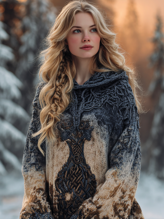 Women's Hooded Thick Sweater With Viking Style Tribal Totem elevenforest