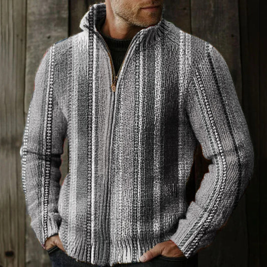 Men's Retro Colorful Striped Pattern Knitted Zip Sweater elevenforest