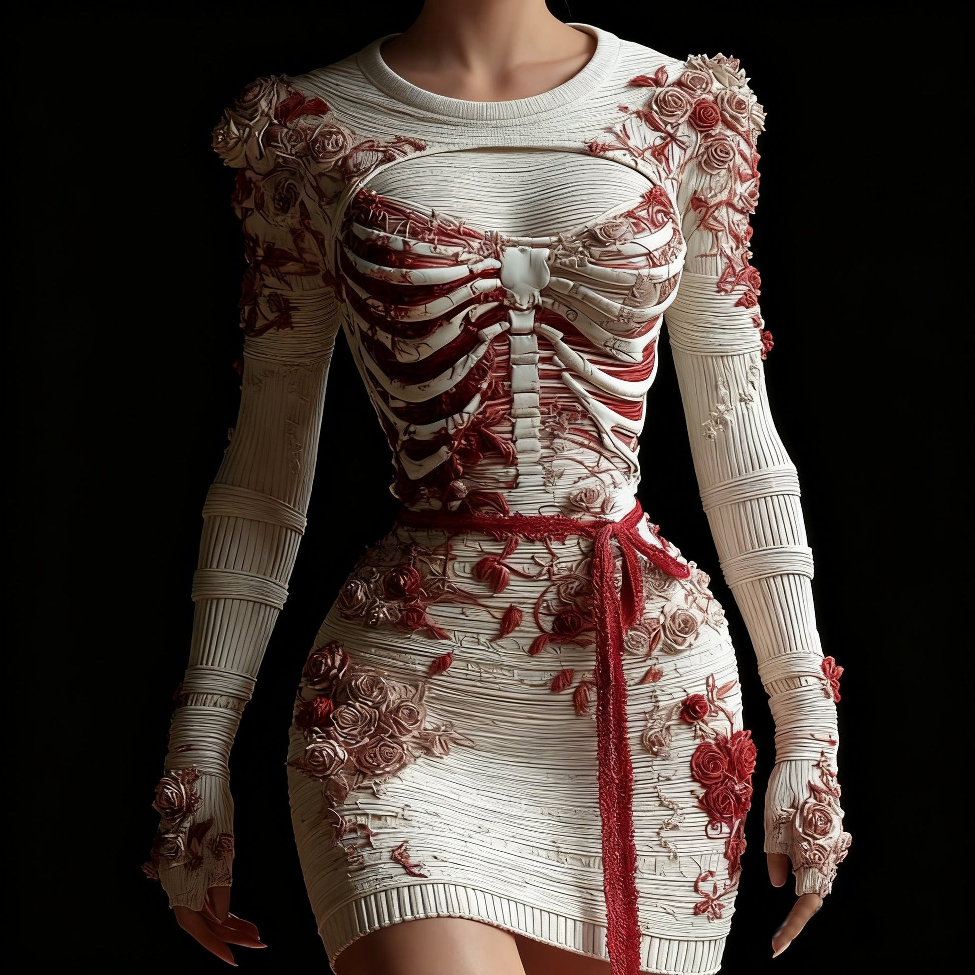 Comstylish Vintage Skeleton Anatomy Roses Crew Neck Sweater Dress