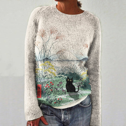 Flowers & Black Cat Art Print Women's Sweater elevenforest
