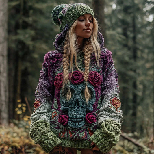Women's Vintage Viking Skull And Rose Gradient Knit Hooded Sweater elevenforest