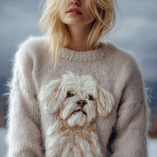 Comstylish Cute Fuzzy Dog Embroidered Crew Neck Cozy Sweater