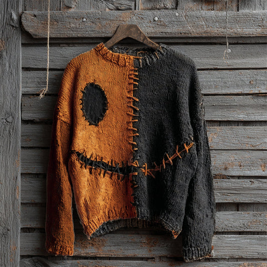 Halloween Spooky Face Contrast Stitched Cozy Knit Sweater elevenforest