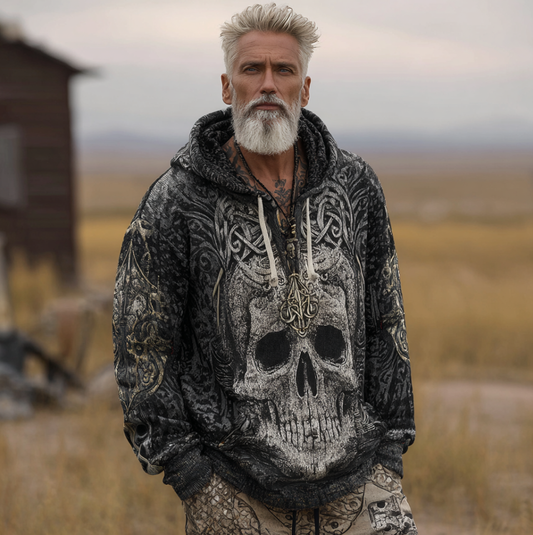 Halloween Skeleton Element Viking Style Men's Hooded Pullover Knit Sweater elevenforest