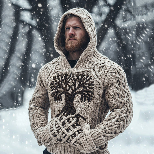Tribal Viking Life Of Tree Chunky Knit Jacquard Hooded Sweater elevenforest