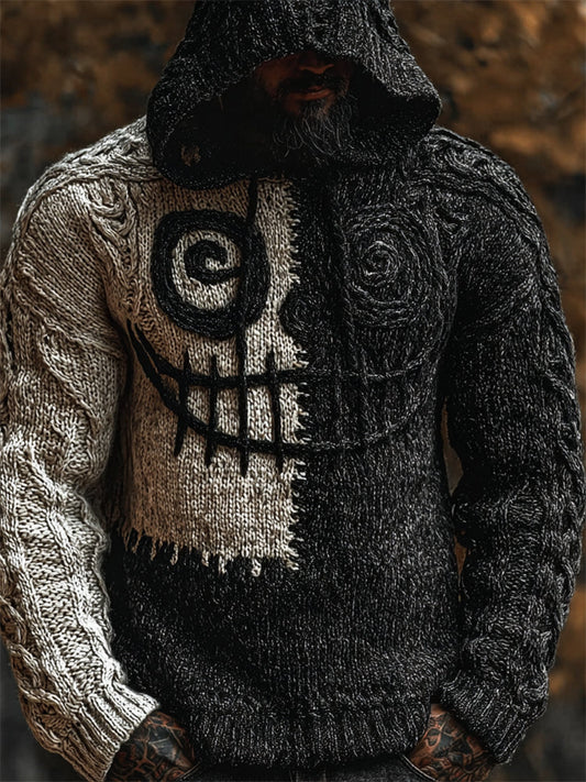 Men's Halloween Spooky Face Contrast Hooded Cozy Chunky Sweater elevenforest