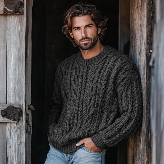 Men'S Burlap Jacquard Crew Neck Aran Sweater elevenforest