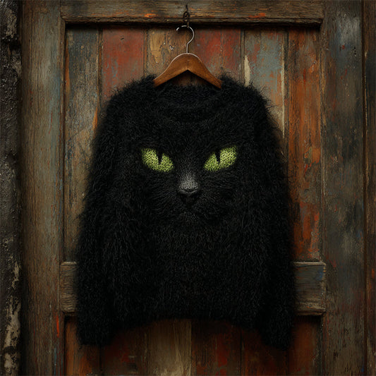 Halloween Fuzzy Black Cat Inspired Cozy Knit Sweater elevenforest