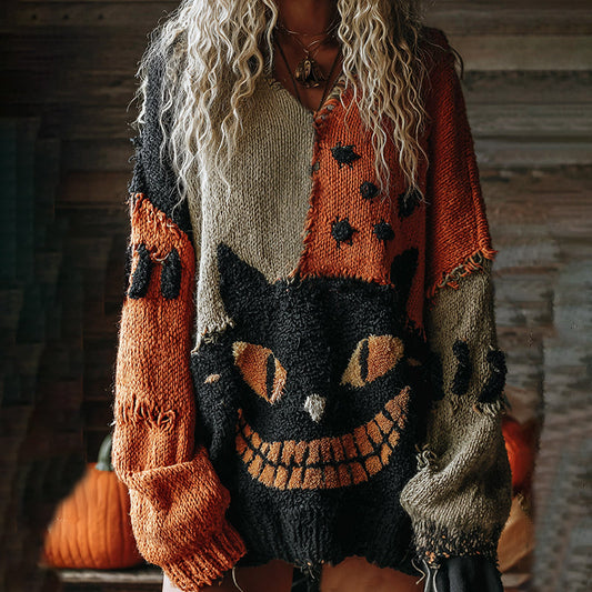 Halloween Cute Cat Face Art Cozy Knit Sweater elevenforest
