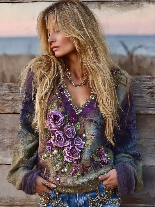 Boho 3d Floral Vintage Tie-dye Women's V-neck Sweater elevenforest