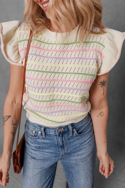 Simona® | Striped sweater with eyelets and ruffled sleeves