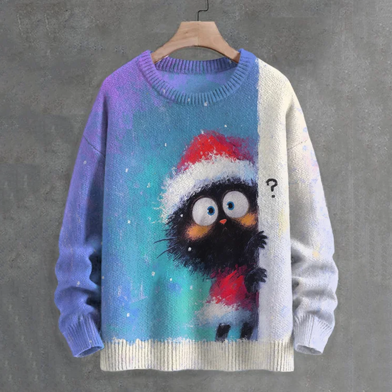Men's Black Cat In Christmas Costume Hiding Art Print Casual Knit Crew Neck Sweater elevenforest