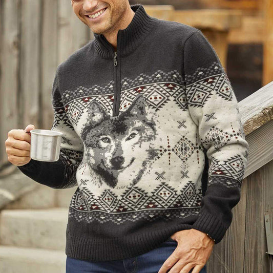 Vintage Wolf Knit Jacquard Icelandic Half Zip Collar Sweater elevenforest