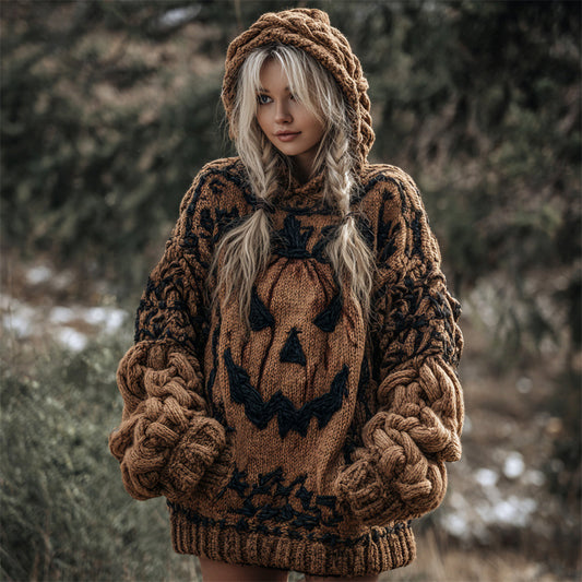 Halloween Evil Pumpkin Face Women's Chunky Knit Hooded Sweater elevenforest
