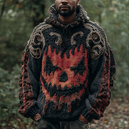 Men's Halloween Devil Smiling Face Vintage Knitted Hooded Sweater elevenforest