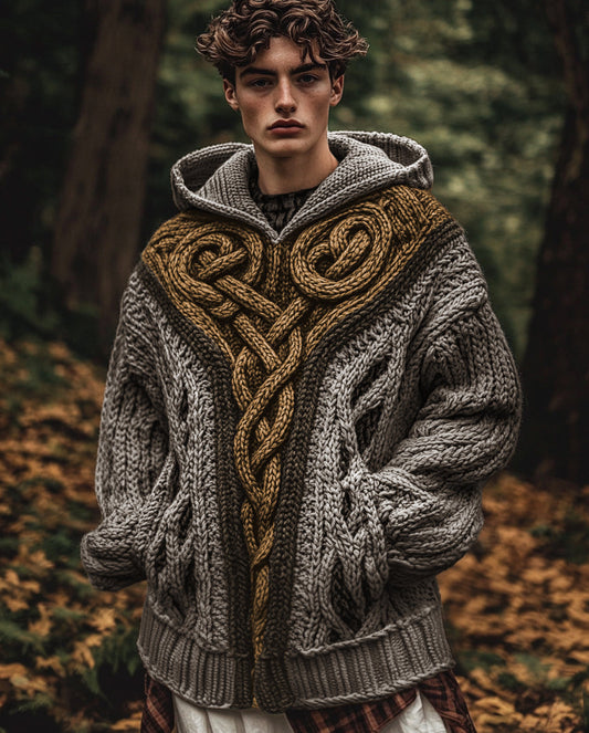 Men's Vintage Irish Celtic Knot Jacquard Mottled Hooded Sweater elevenforest