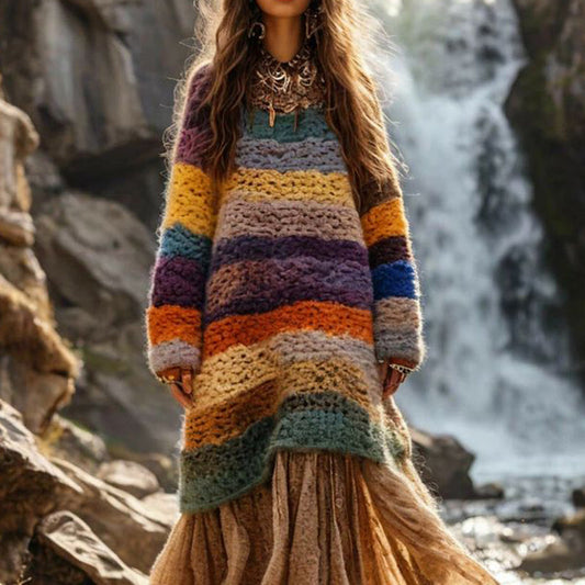 Vintage Rainbow Colorful Patchwork Cozy Knit Sweater Dress elevenforest