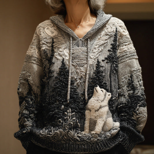 Women's Vintage Dog Embroidered Hooded Sweater elevenforest