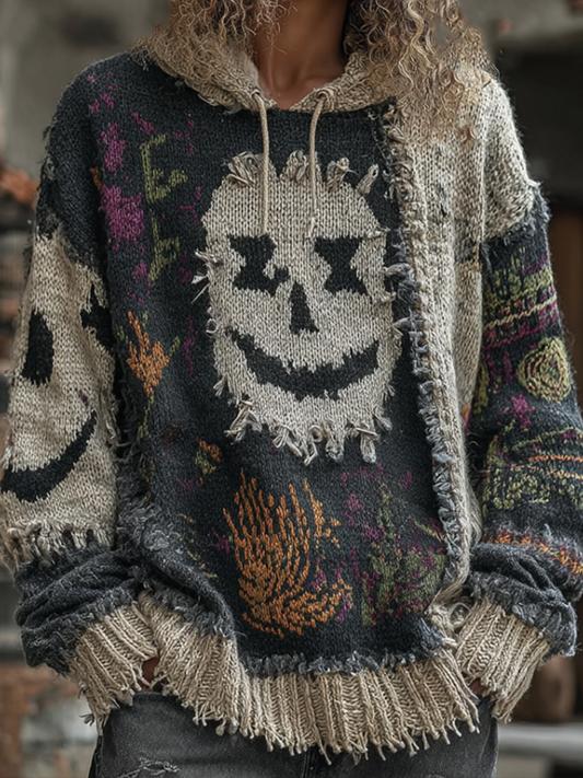 Halloween Dark Gothic Style Pumpkin Face Pattern Hooded Knit Sweater elevenforest