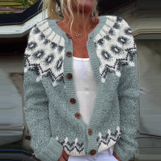 Vintage Geometry Contrast Jacquard Button Cozy Sweater elevenforest
