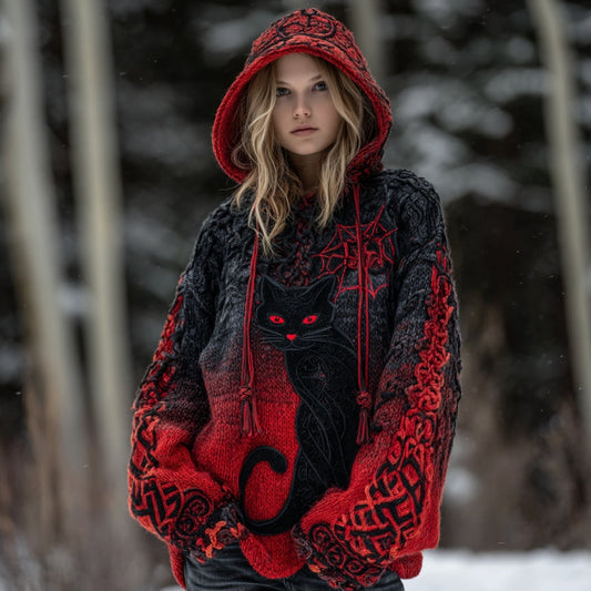 Women's Tribal Black Cat Gradient Art Chunky Knit Hooded Sweater artswardrobe
