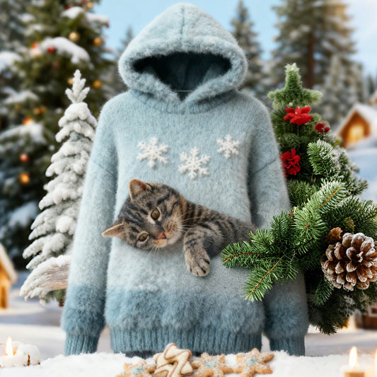 Comstylish Christmas Cat Felt Art Women's Hooded Plush Sweater