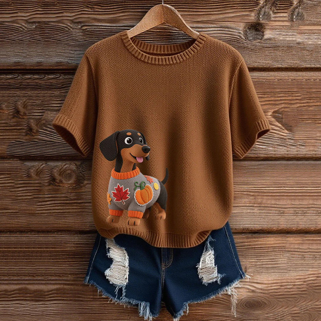 Vintage Dachshund  With Felt In Autumn Inspired Embroidered Short Sleeve Cozy Knit Sweater artswardrobe