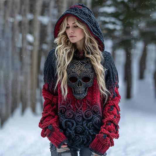 Women's Rose And Skull Inspired Chunky Knit Hooded Sweater elevenforest