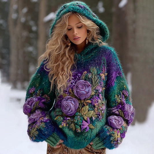 Comstylish Women's Gradient Rose And Floral Flannel Knitted Warm Hooded Sweater