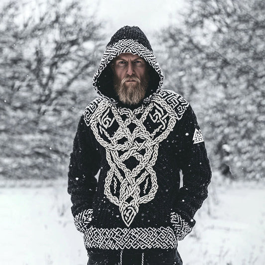 Men's Viking Inspired Runes Celtic Chunky Knit Cozy Hooded Sweater artswardrobe