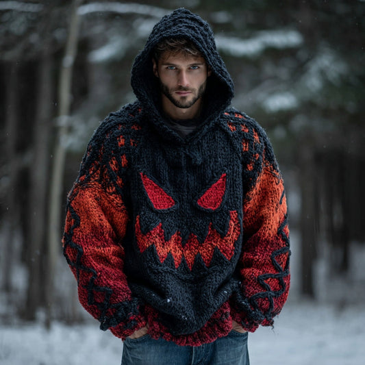 Men's Halloween Spooky Face Gradient Art Knitted Cozy Hooded Sweater artswardrobe