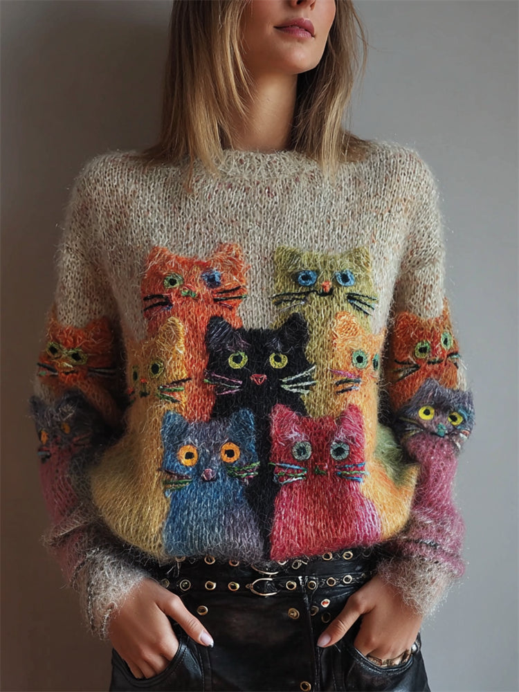 Comstylish Vintage Colorful Crowded Cats Fuzzy Cozy Knit Sweater