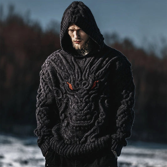 Men's Vintage Dragon Viking Celtic Chunky Hooded Sweater elevenforest