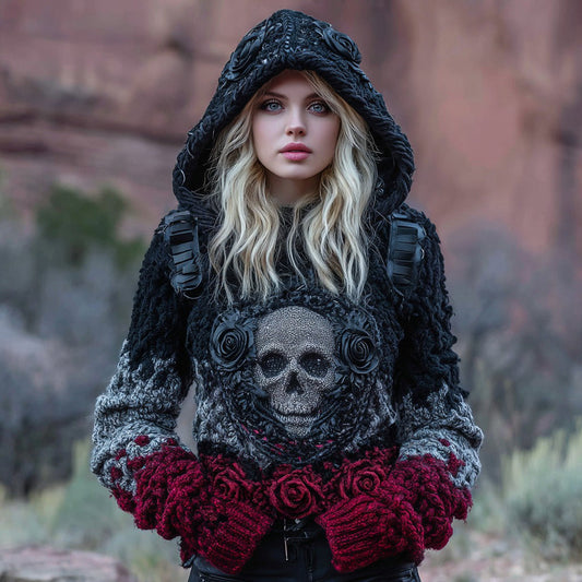 Women's Tribal Dark Style Rose Skull Art Chunky Knit Hooded Sweater elevenforest