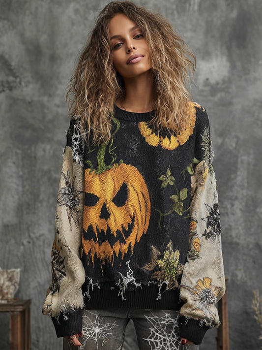 Halloween Pumpkin Face And Plant Flower Pattern Design Women's Round Neck Knit Sweater elevenforest