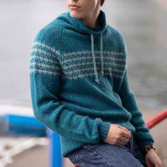 Men'S Vintage Blue Knitted Jacquard Hooded Sweater elevenforest