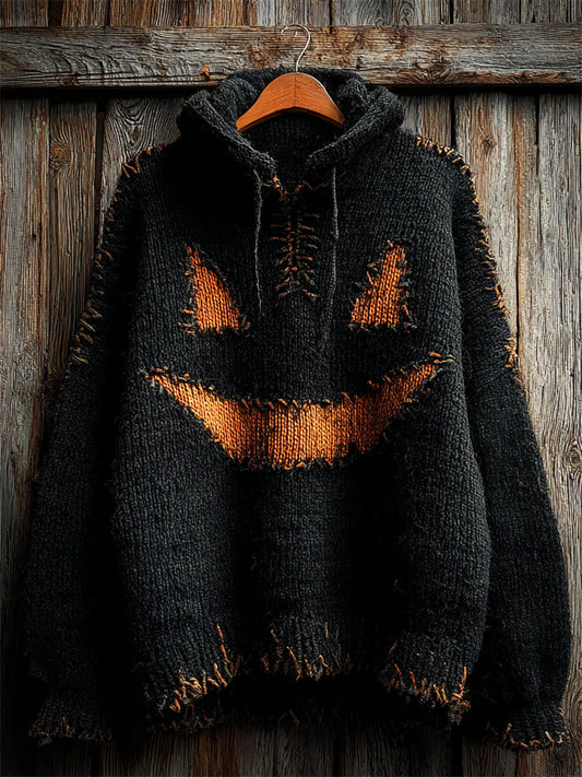 Halloween Pumpkin Face Stitched Cozy Knit Hooded Sweater elevenforest