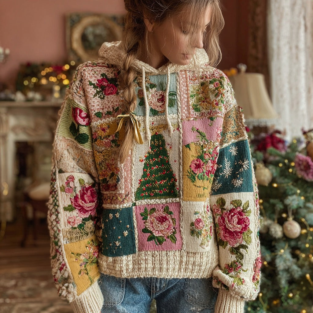Women's Christmas Tree And Floral Pattern Knitted Hooded Sweater artswardrobe