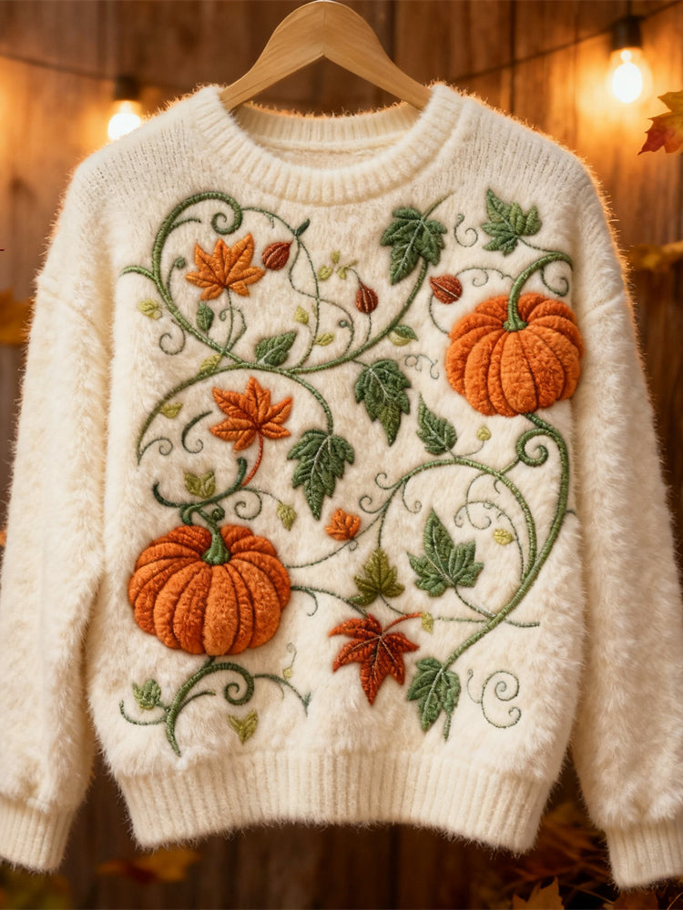 Comstylish Thanksgiving Pumpkin Embroidered Women's Knit Sweater