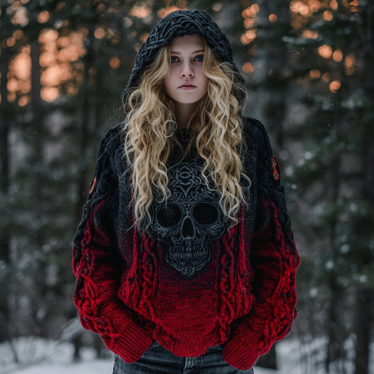 Women's Viking Tribal Celtic Skull Gradient Vintage Knit Hooded Sweater elevenforest