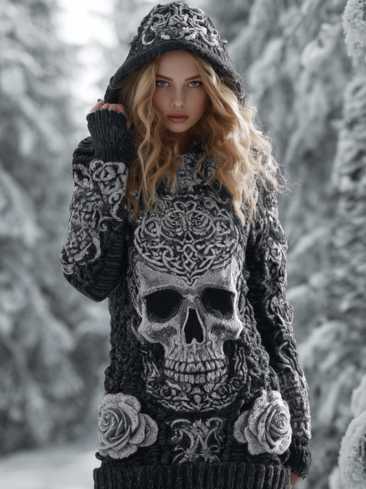 Halloween Skeleton Element Viking Style Women's Hooded Pullover Knit Sweater elevenforest
