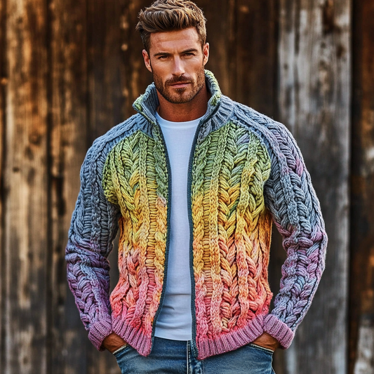 Men's Vintage Rainbow Cable Knit Gradient Cozy Sweater elevenforest