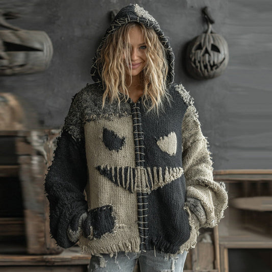 Halloween Pumpkin Face Patchwork Knitted Hooded Sweater elevenforest