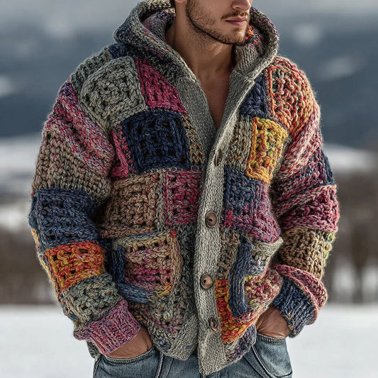 Men's Retro Geometric Knitted Warm Button Hooded Sweater elevenforest