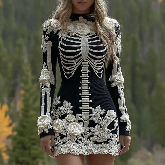 Comstylish Women's Vintage Halloween Skeleton Bones Rose Art Cozy Knit Mini Sweater Dress