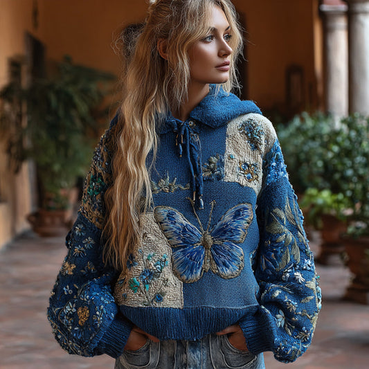 Comstylish Women's Bohemian Style Blue Patchwork Butterfly Embroidery Hooded Sweater