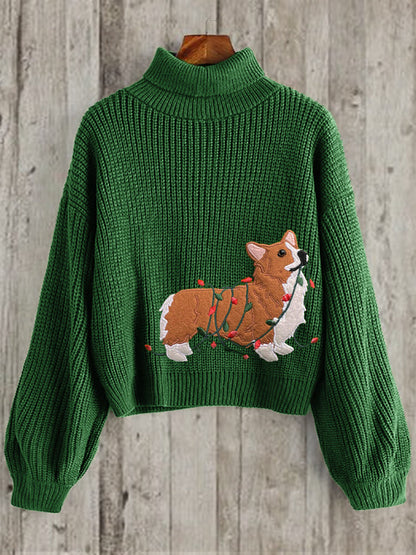 Comstylish Funny Christmas Corgi Dog Embroidered Cozy Turtleneck Sweater