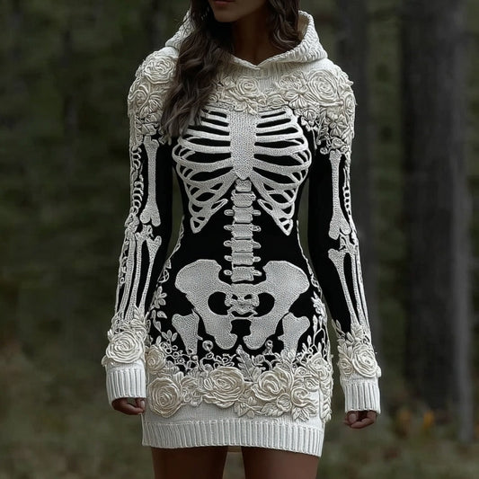 Comstylish Women's Vintage Skeleton & White Rose Art Cozy Sweater Hooded Dress