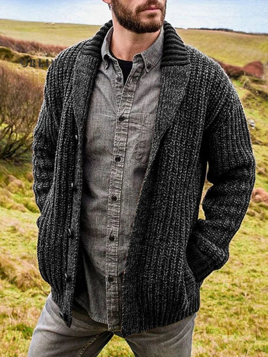 Men's Retro Solid Color Lapel Button Sweater elevenforest